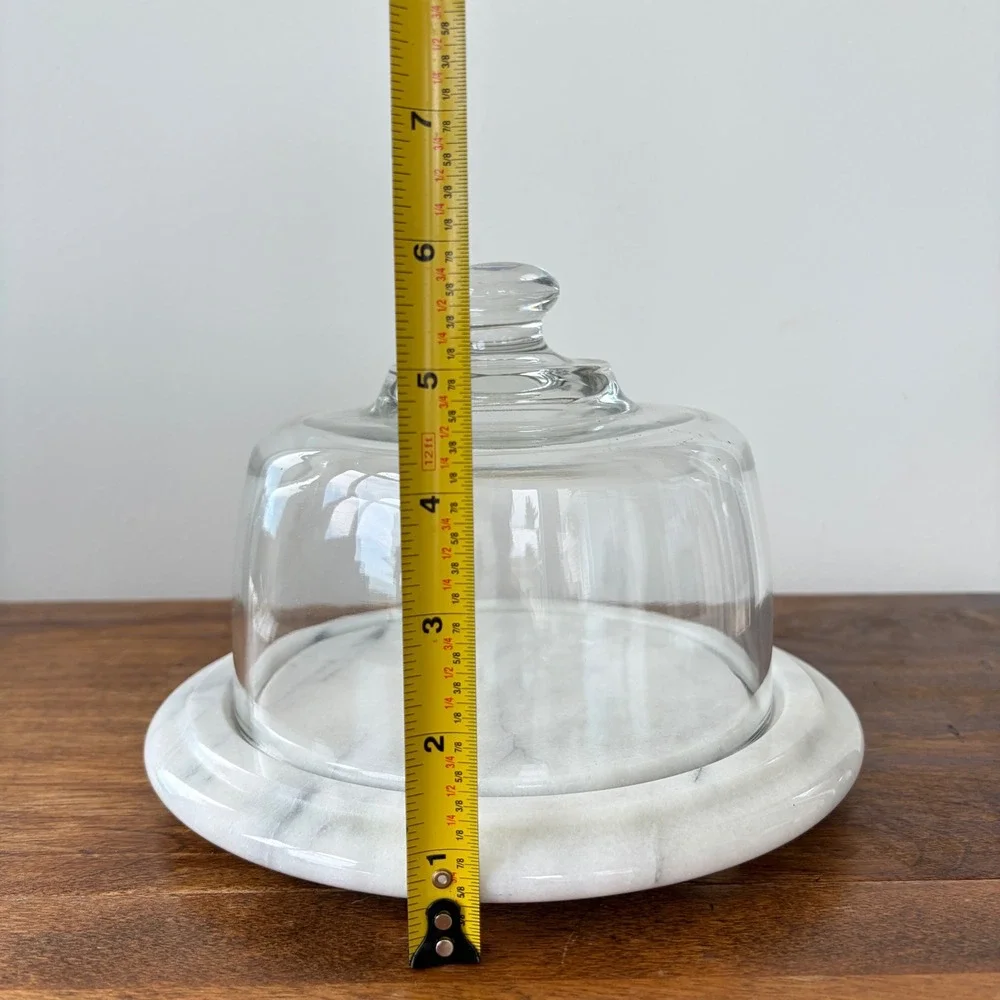 White Marble Cheese Board with Glass Cloche Dome Serving Set 8.5 Inch